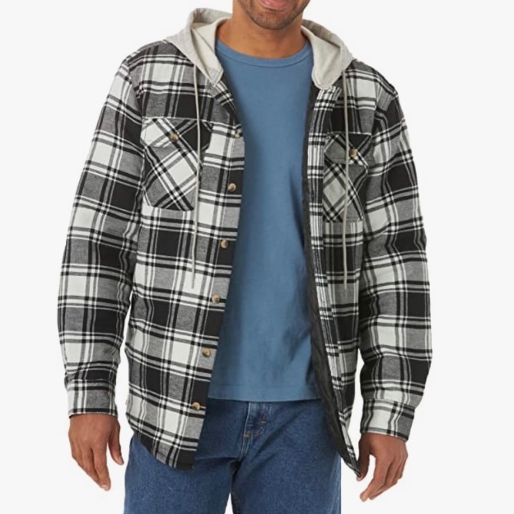 Wrangler Authentics Men's Long Sleeve Quilted Lined Flannel Shirt Jacket with Ho